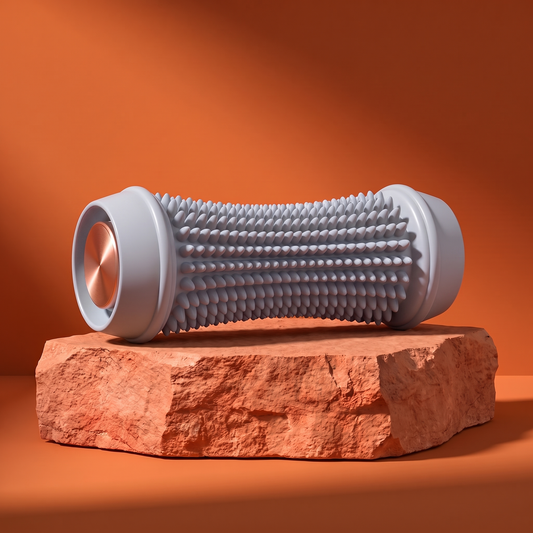 Steppx foot massage roller in grey on terracotta stone