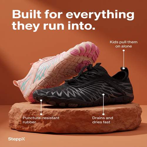 SteppX Splash features: puncture-resistant sole, quick-drying mesh, easy pull-on