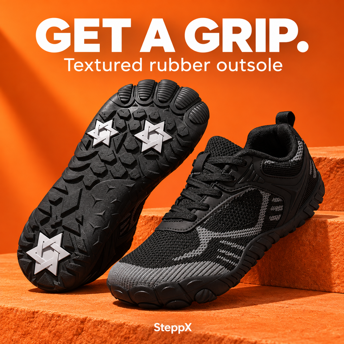 SteppX Aero black textured rubber outsole