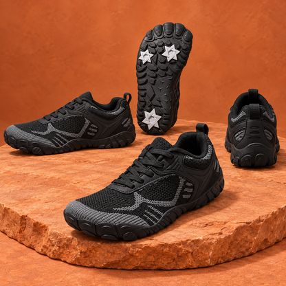 SteppX Flyknit Outdoor black four-angle product display on orange sandstone
