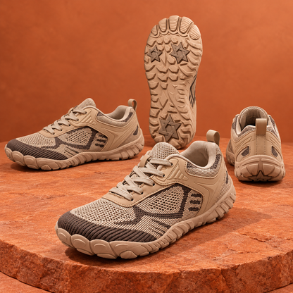 SteppX Flyknit Outdoor khaki four-angle product display on orange sandstone