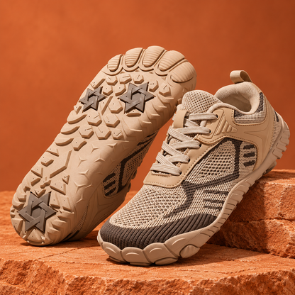 SteppX Flyknit Outdoor khaki pair on orange sandstone