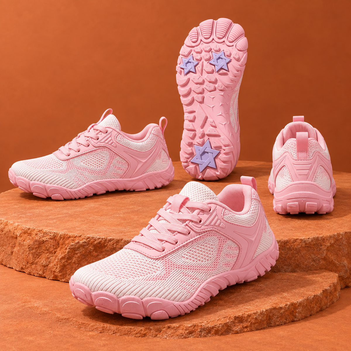 SteppX Flyknit Outdoor pink four-angle product display on orange sandstone