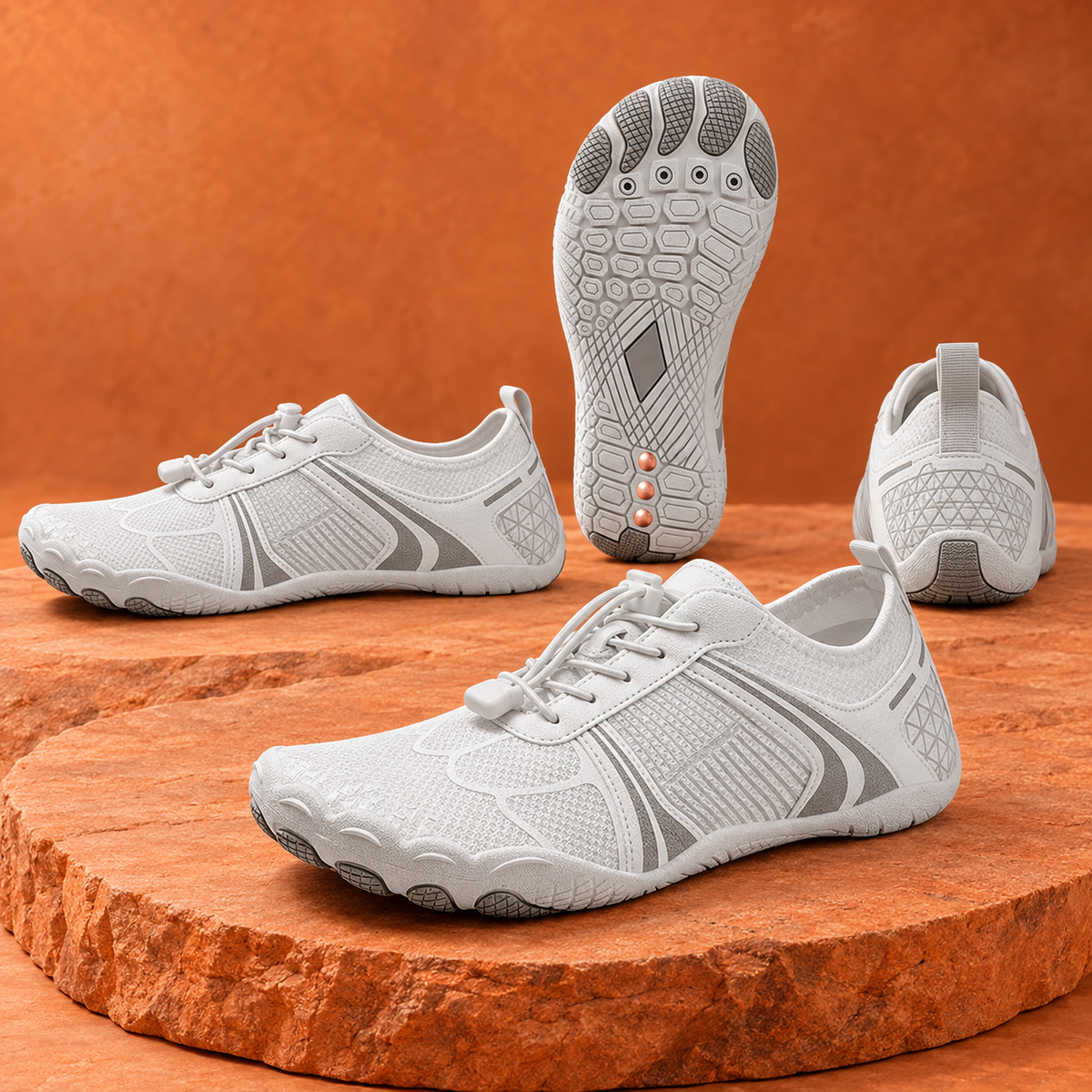 SteppX Grounding light-gray four-angle display on orange sandstone