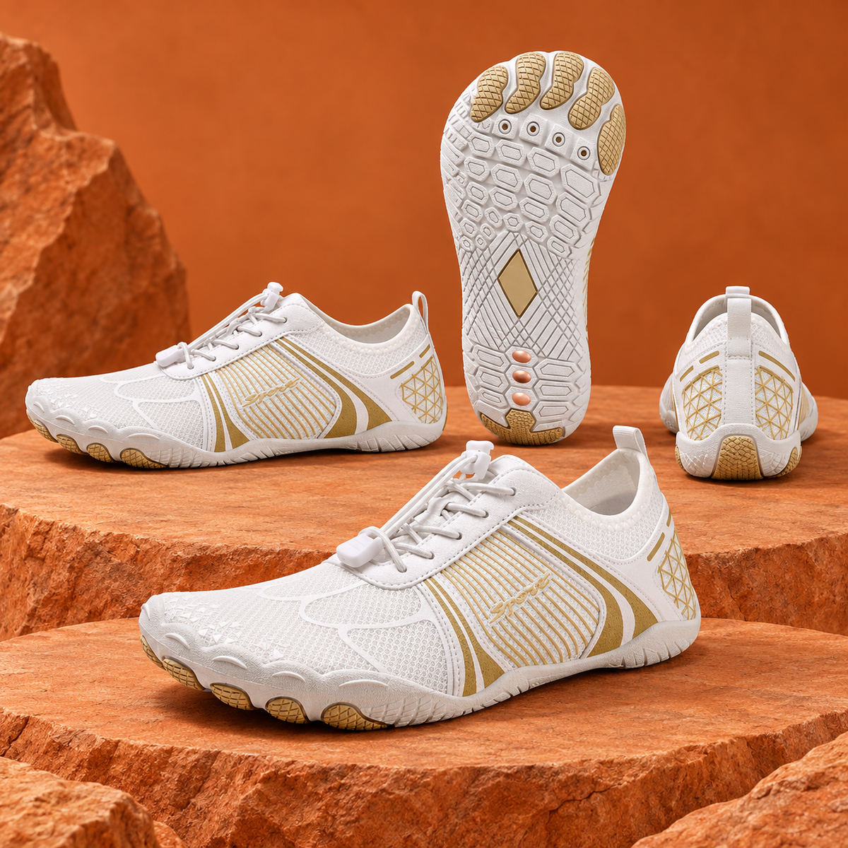 SteppX Grounding white-gold four-angle display on orange sandstone