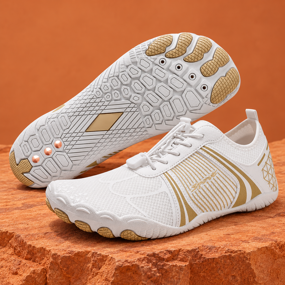SteppX Grounding white-gold pair on orange sandstone