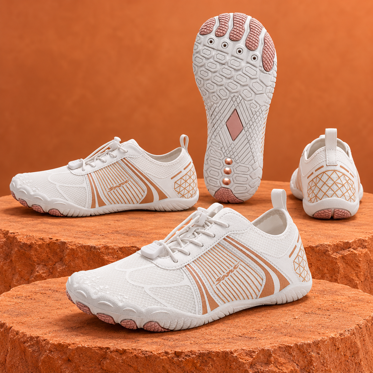 SteppX Grounding white-pink four-angle display on orange sandstone