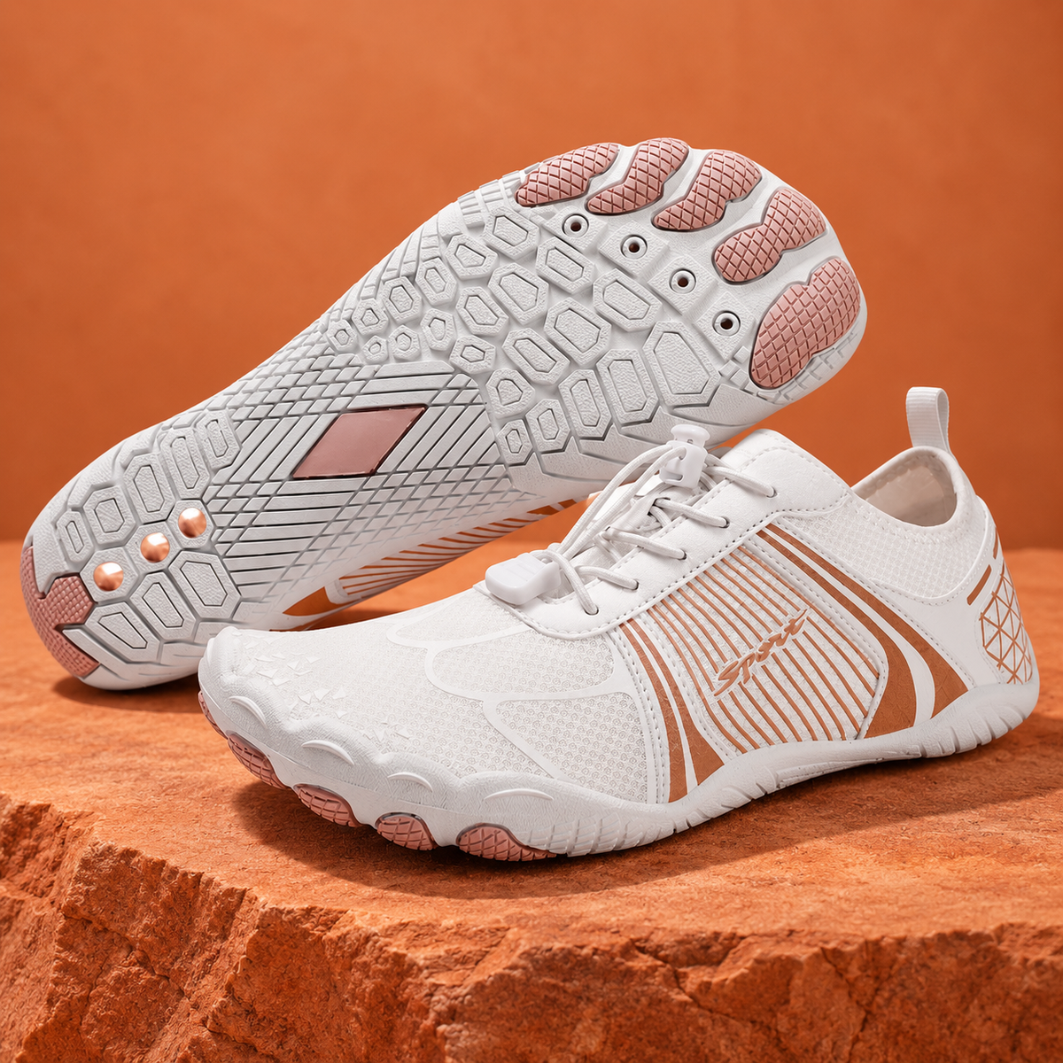SteppX Grounding white-pink pair on orange sandstone