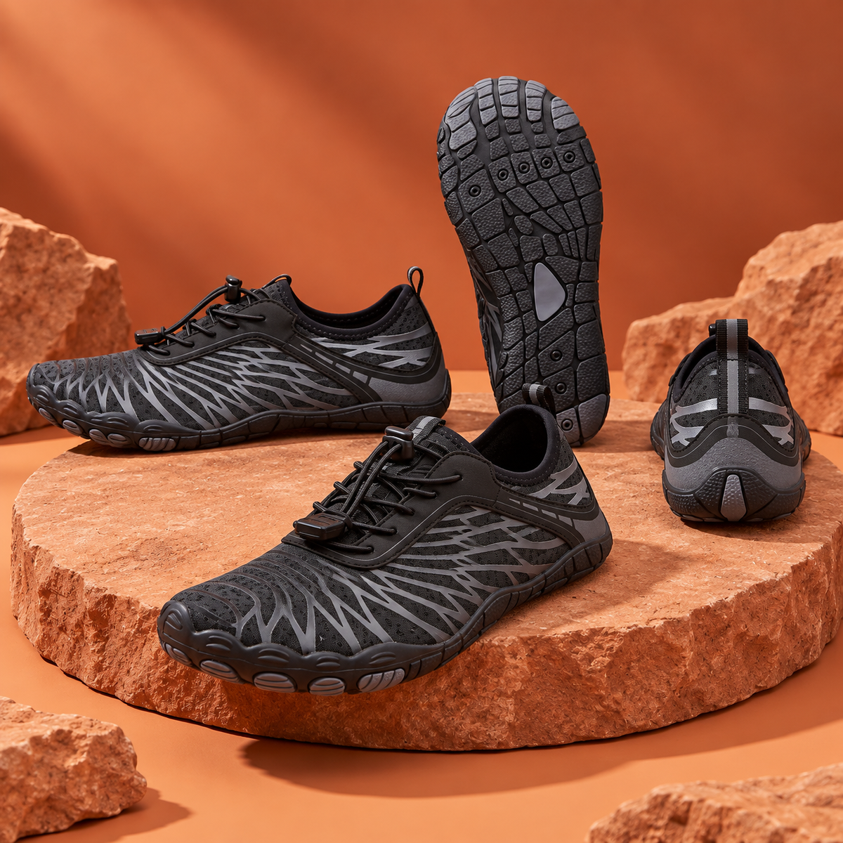 SteppX Splash black four-angle product views on orange sandstone