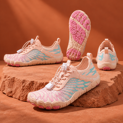 SteppX Splash dusty-pink four-angle product views on orange sandstone