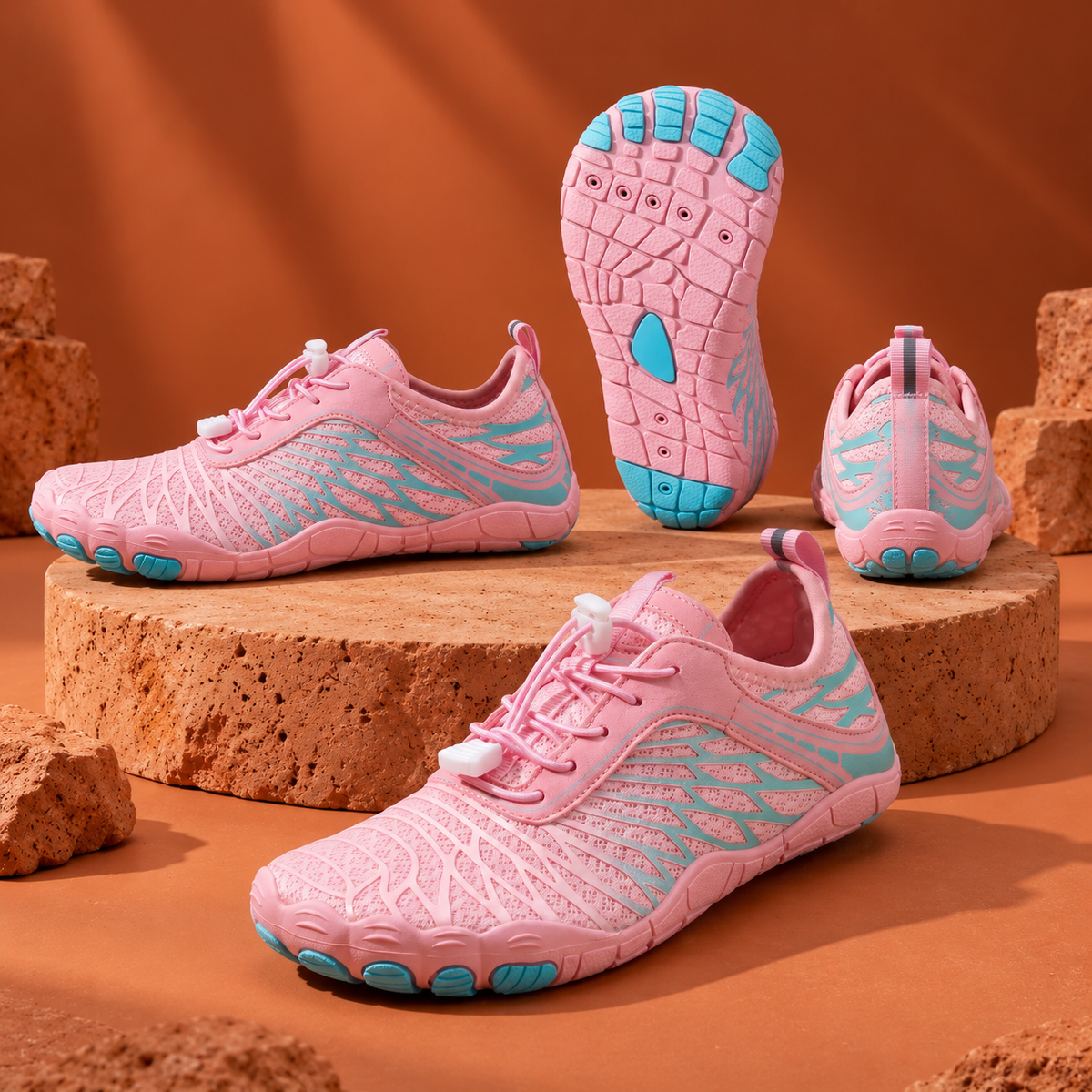SteppX Splash pink four-angle product views on orange sandstone