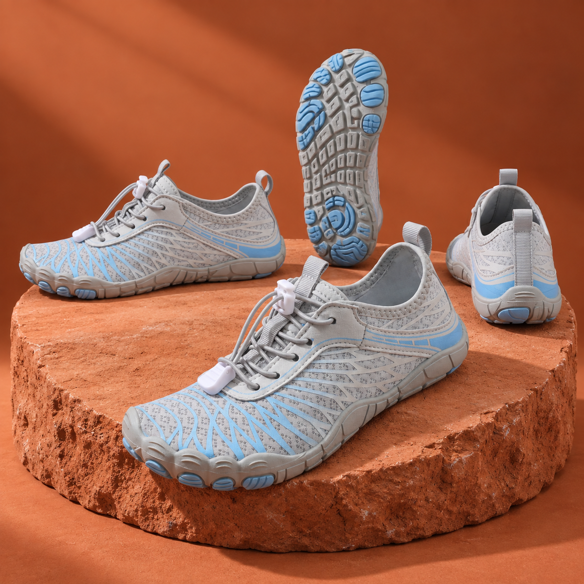 SteppX Splash slate-blue four-angle product views on orange sandstone