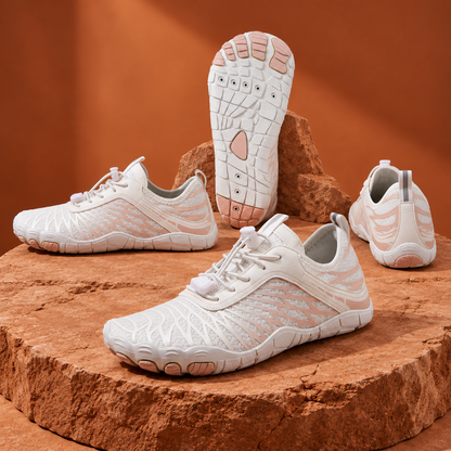 SteppX Splash white four-angle product views on orange sandstone