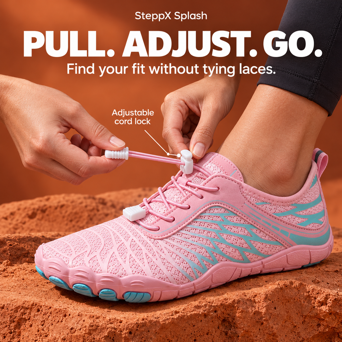 SteppX Splash pink shoe with adjustable cord lock demonstration