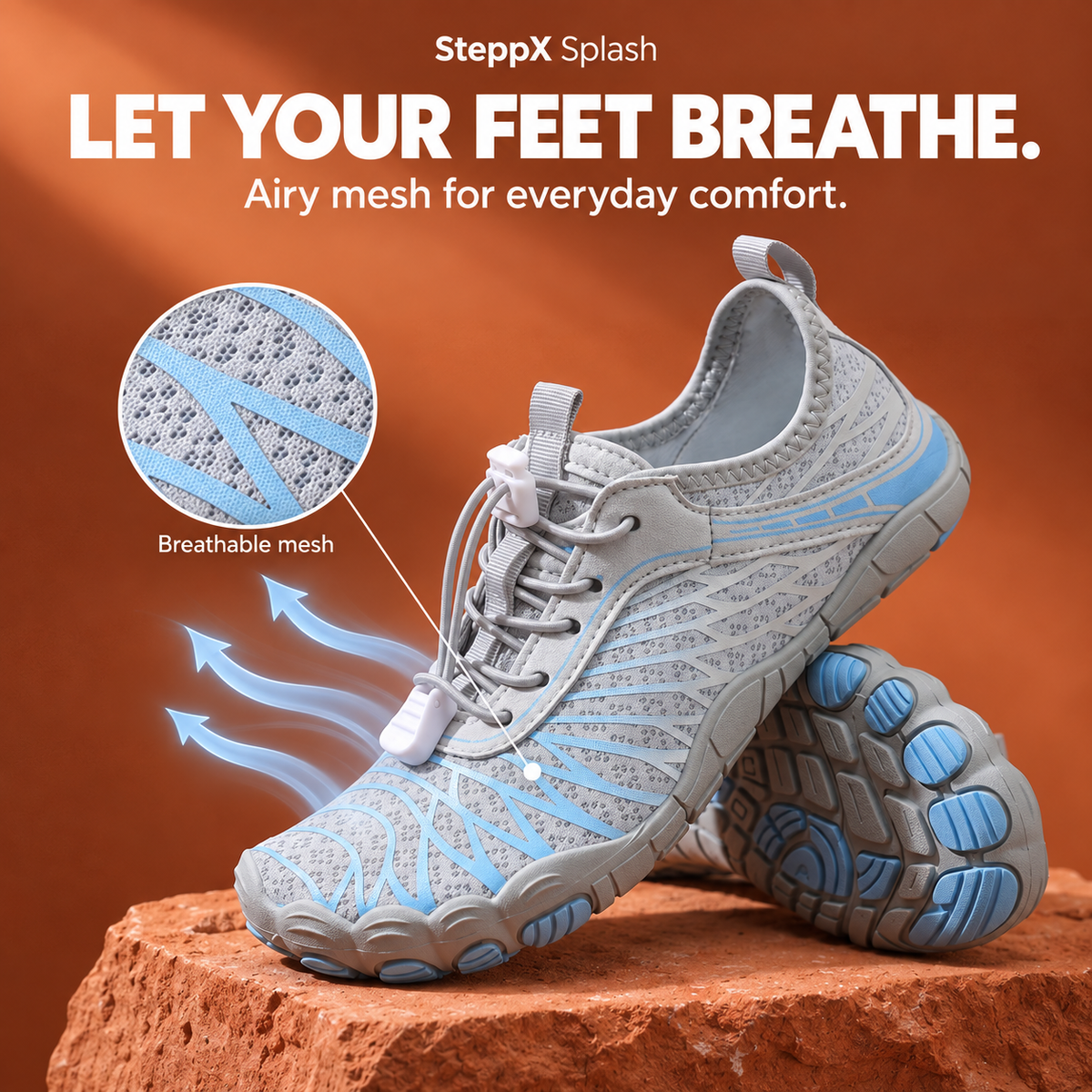 SteppX Splash gray blue shoe with breathable mesh close-up