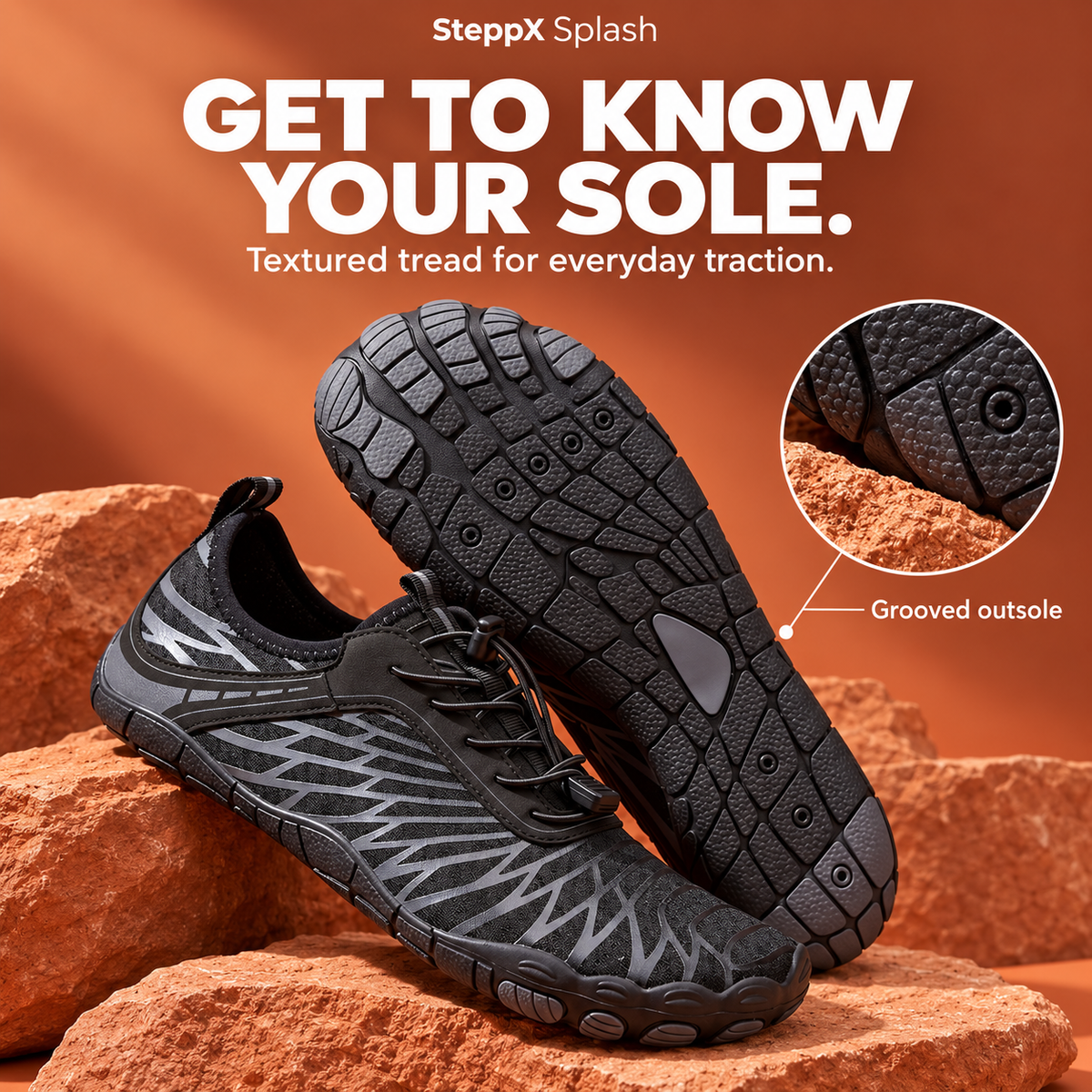 SteppX Splash black shoe with grooved outsole close-up